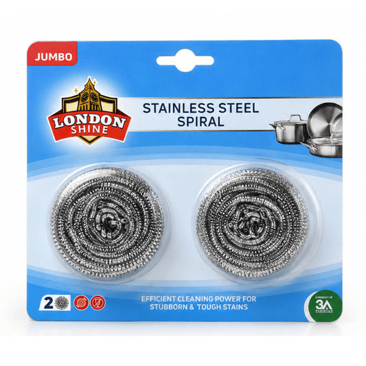 Pack of two London Shine Jumbo Stainless Steel Spiral cleaning brushes in a blue retail blister pack.