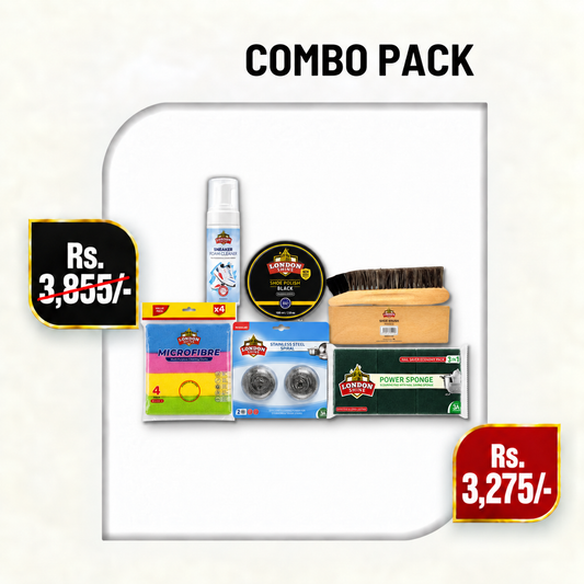 Combo Pack | Microfibre Cloth , Wax Shoe Polish (100ml) , Sneaker Foam Cleaner , Double Shoe Brush , Nail Saver Sponge (3 in 1) , Blister Card Regular Spiral